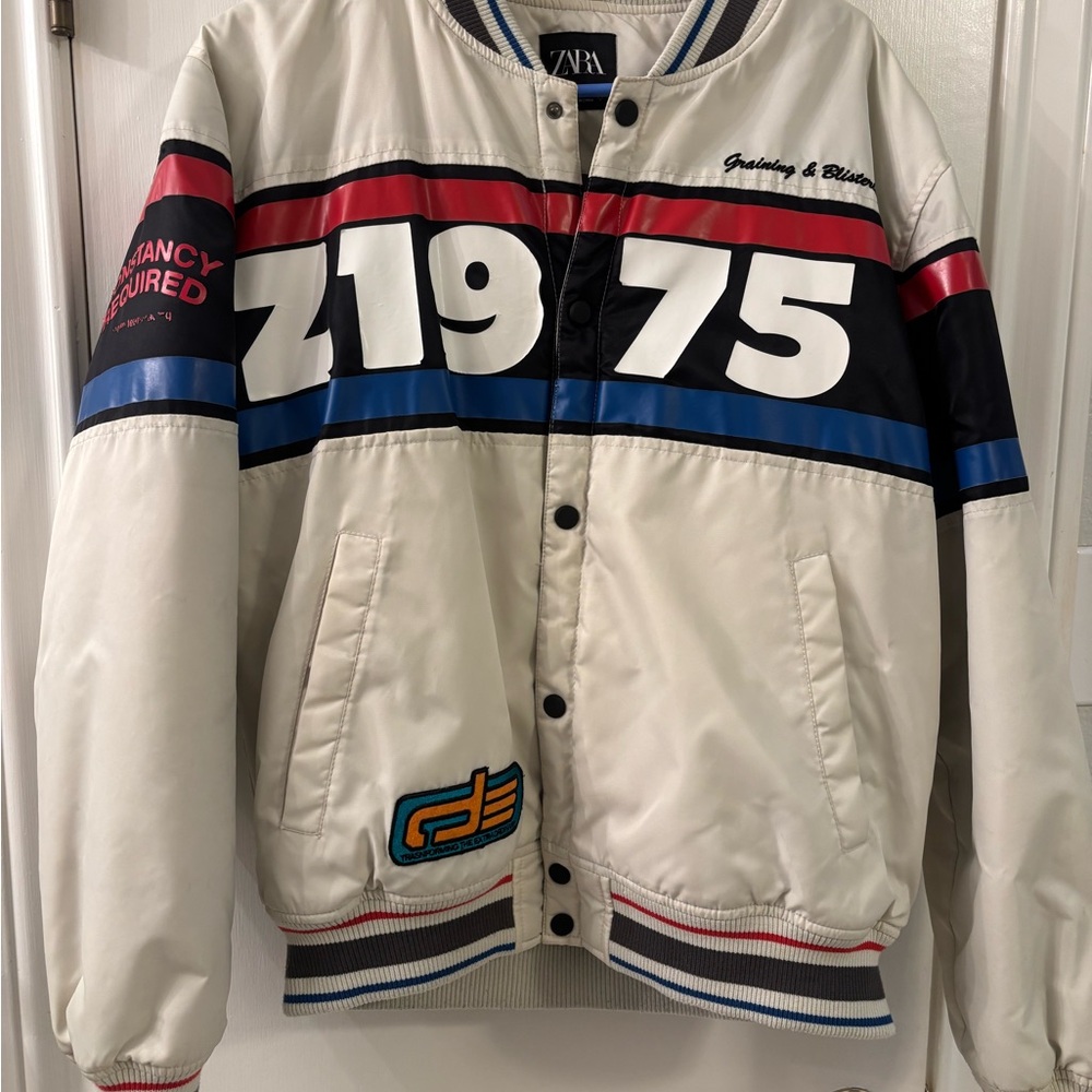 Zara Men's Retro Cream and Navy Bomber Jacket